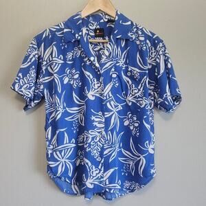 Liz Sport Tropical Floral Set Blue White Petite Small Button Down Top Med Shorts